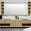 Timber double vanity with mirrored storage cabinet and Meir tapware