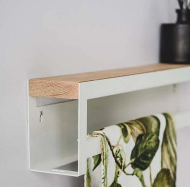 White Double Towel Rail Made From Powder Coated 3Cr Mild Steel And Solid Oak Shelf 1060X130X75