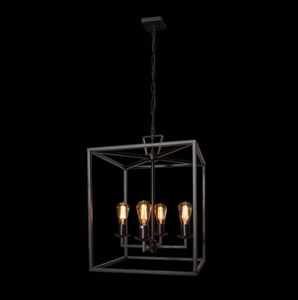 4x E27 Square Ranch Iron Pendant 230v 40W Black