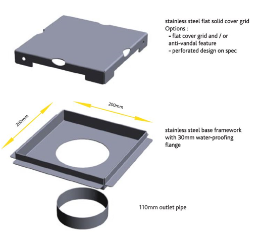 200mm Floor/Patio Drain Cover With Tile Inlay Cover & 110mm Outlet