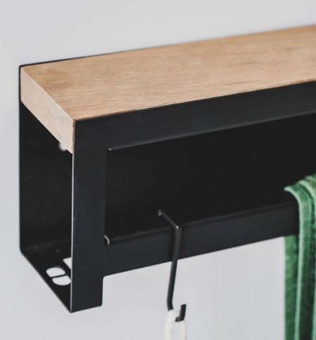 Black Double Towel Rail Made From Powder Coated 3Cr Mild Steel And Solid Ash Shelf 1060X130X75