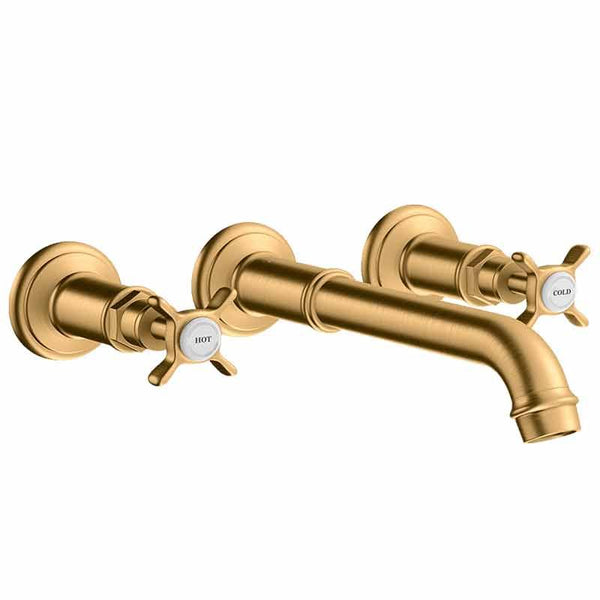 Montreux 3-Hole Wall Mounted Basin Mixer with Cross Handles - Brushed Brass