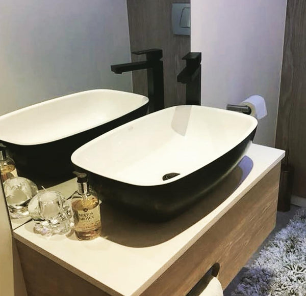 Risata Countertop Basin Polished White Inside, Matt Black Outside 550x350x160mm