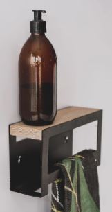 Black Hand Towel Rail With Powder Coated 3Cr Mild Steel And Solid Ash Shelf. 240X130X75 mm