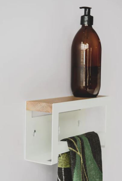 White Hand Towel Rail With Powder Coated 3Cr Mild Steel And Solid Oak Shelf 240X130X75 mm