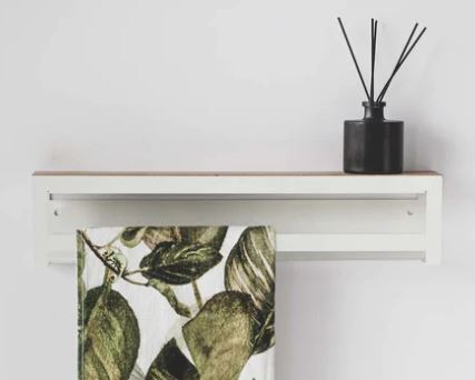 White Single Towel Rail With Powder Coated 3Cr Mild Steel And Solid Ash Shelf 550X130X75mm