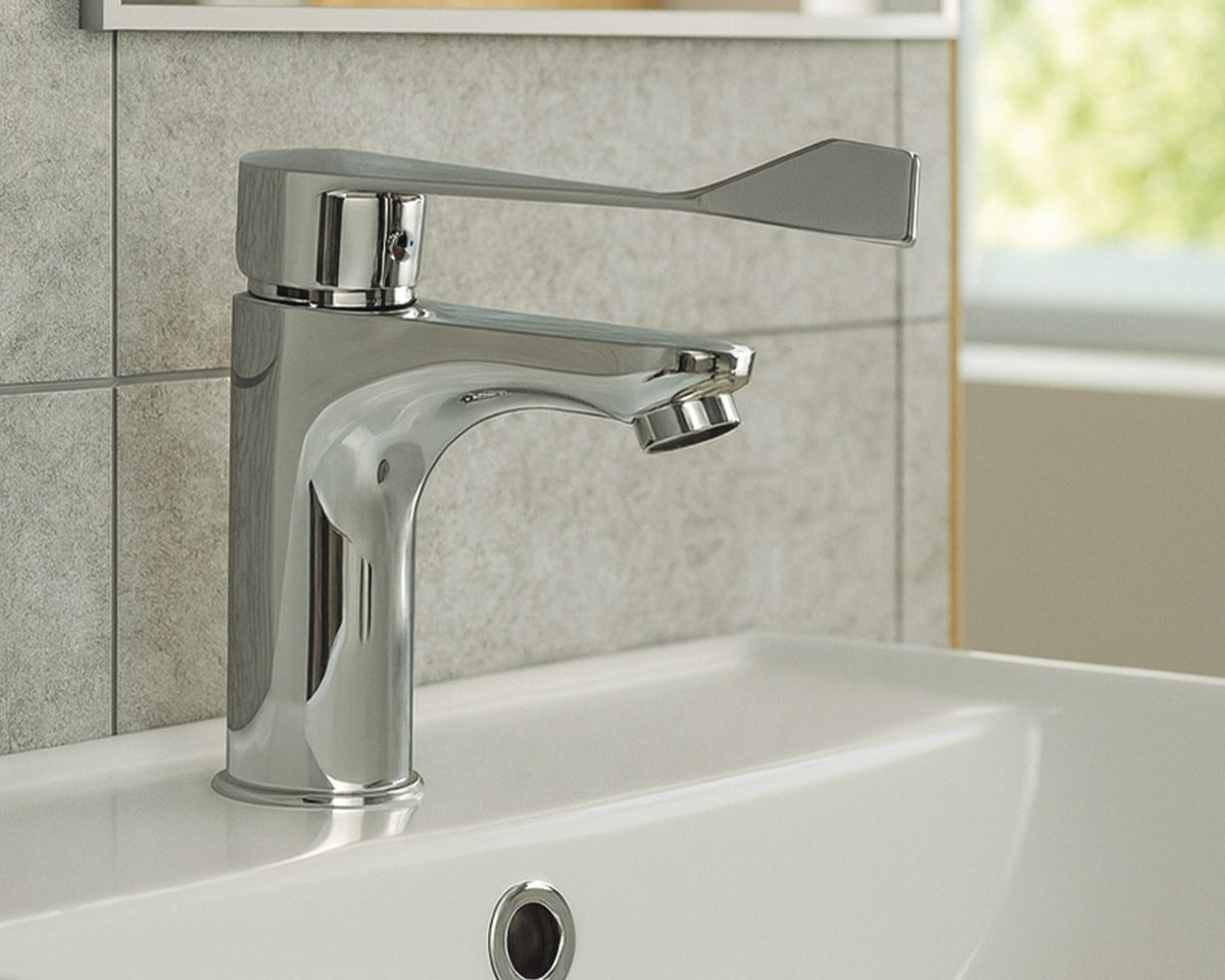 Blutide Bore Elbow Action basin mixer with an extended lever handle