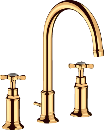Montreux 3-hole basin mixer 180 with cross handles and pop-up waste set Polished Gold Optic