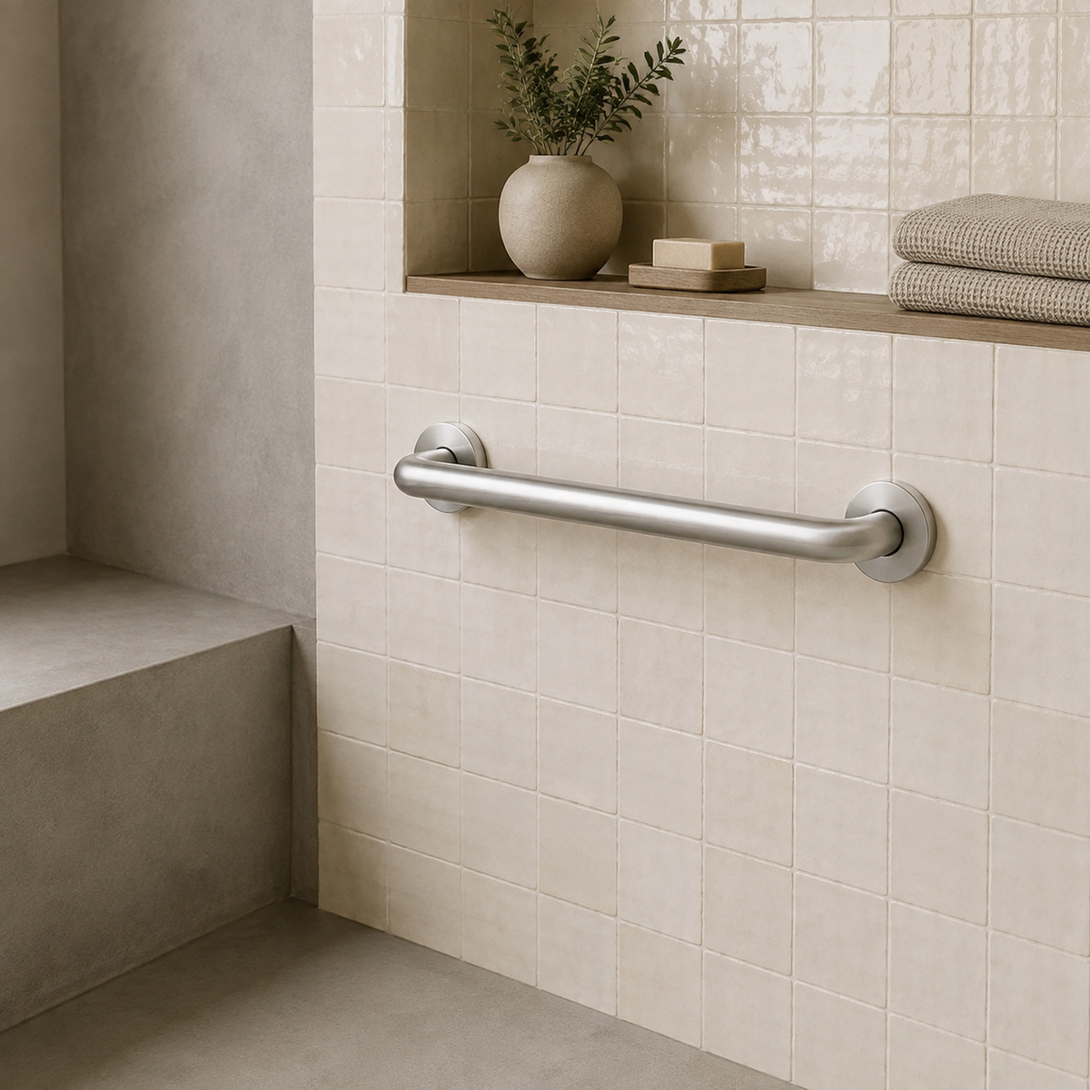Brushed steel grab rail beside a tiled shower bench and niche