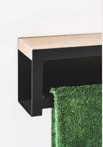 Black Single towel rail with powder coated 3CR mild steel and solid oak shelf 550x130 x75  