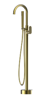 Satin Brass Round Free Standing Bath Mixer with Hand Shower