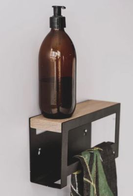 Black Hand towel rail with powder coated 3CR mild steel and solid oak shelf 240x130x75m